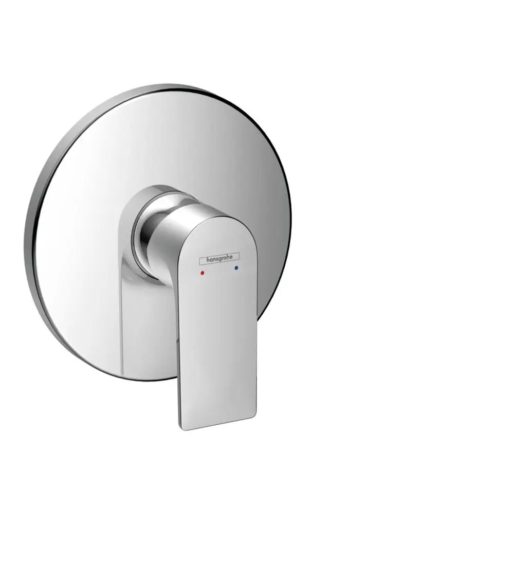 Einfache chromfarbene Hansgrohe-Wannenschalterarmatur mit runder Wandplatte und schmalem Hebel zur Temperatur- und Wassermengenregulierung.